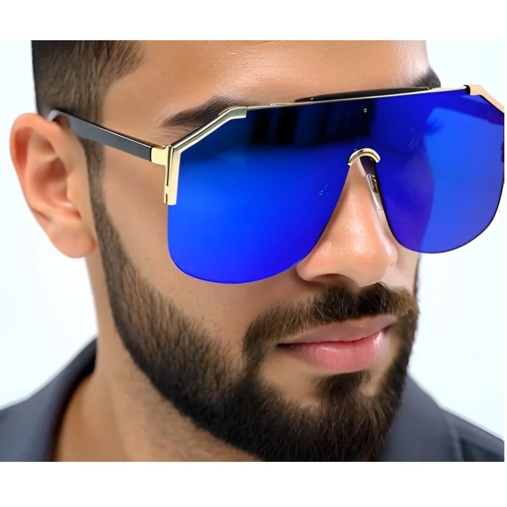 Shield Sunglasses Blue Mirrored Lens Gold Trim Fashion Visor Men‎ Glasses Gafas